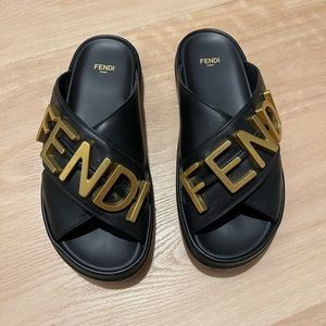Fendi Fendigraphy Logo Black Criss Cross Leather Slide Sandals